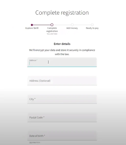 Skrill account opening and verification - tradeszee steps guide - add registration details