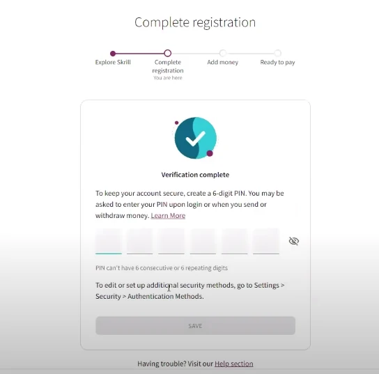 Skrill account opening and verification - tradeszee steps guide - six digit security code creation  
