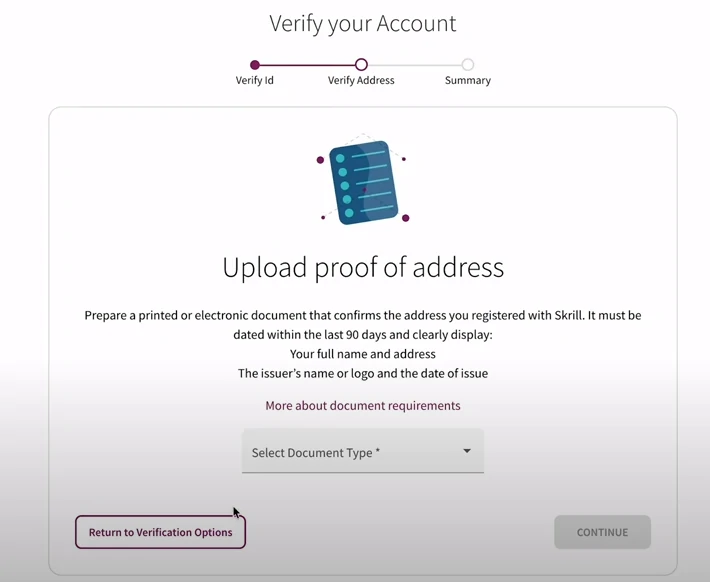 Skrill account verification - tradeszee steps guide - select the document type