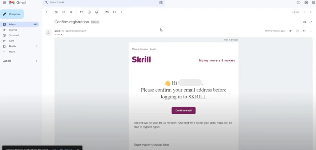 Skrill account opening and verification - tradeszee steps guide - email confirmation link