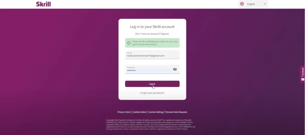 Skrill account opening and verification - tradeszee steps guide - Skrill login form